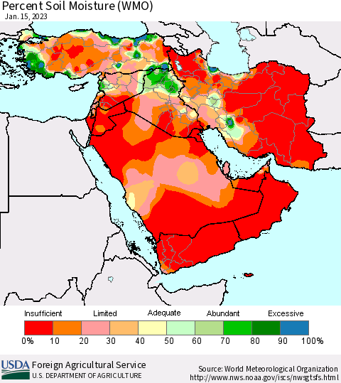 Middle East and Turkey Percent Soil Moisture (WMO) Thematic Map For 1/9/2023 - 1/15/2023