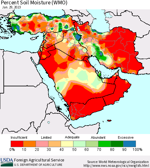 Middle East and Turkey Percent Soil Moisture (WMO) Thematic Map For 1/23/2023 - 1/29/2023