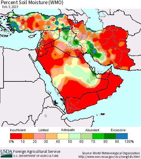 Middle East and Turkey Percent Soil Moisture (WMO) Thematic Map For 1/30/2023 - 2/5/2023
