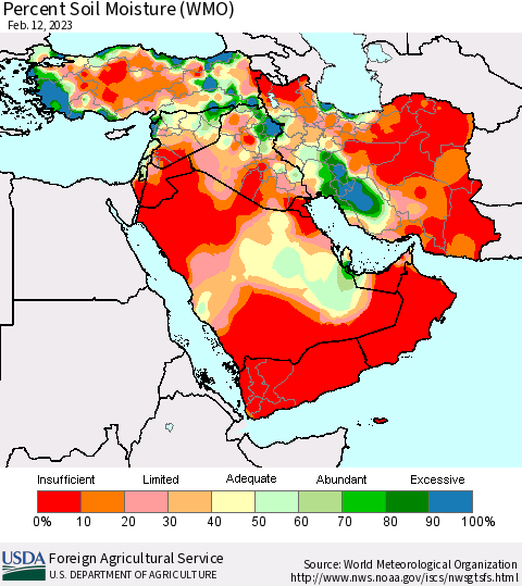 Middle East and Turkey Percent Soil Moisture (WMO) Thematic Map For 2/6/2023 - 2/12/2023