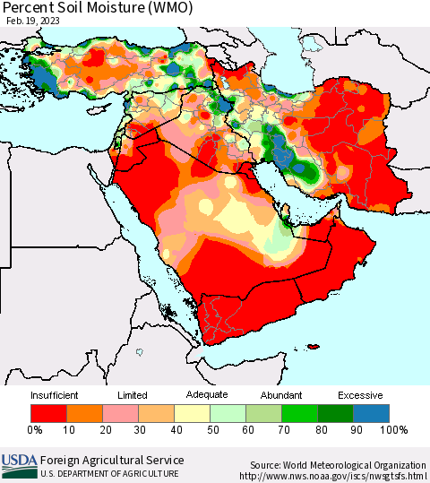 Middle East and Turkey Percent Soil Moisture (WMO) Thematic Map For 2/13/2023 - 2/19/2023