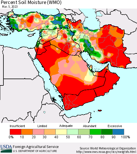 Middle East and Turkey Percent Soil Moisture (WMO) Thematic Map For 2/27/2023 - 3/5/2023