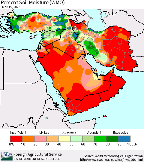 Middle East and Turkey Percent Soil Moisture (WMO) Thematic Map For 3/13/2023 - 3/19/2023