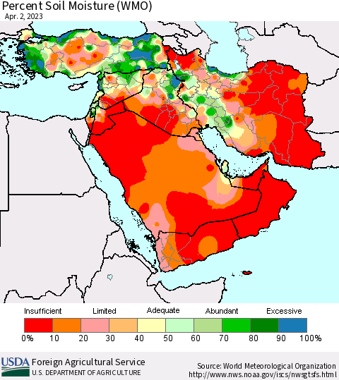 Middle East and Turkey Percent Soil Moisture (WMO) Thematic Map For 3/27/2023 - 4/2/2023