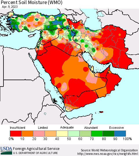 Middle East and Turkey Percent Soil Moisture (WMO) Thematic Map For 4/3/2023 - 4/9/2023