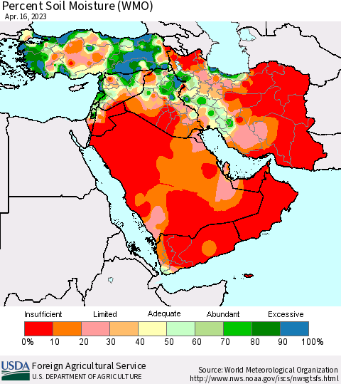 Middle East and Turkey Percent Soil Moisture (WMO) Thematic Map For 4/10/2023 - 4/16/2023