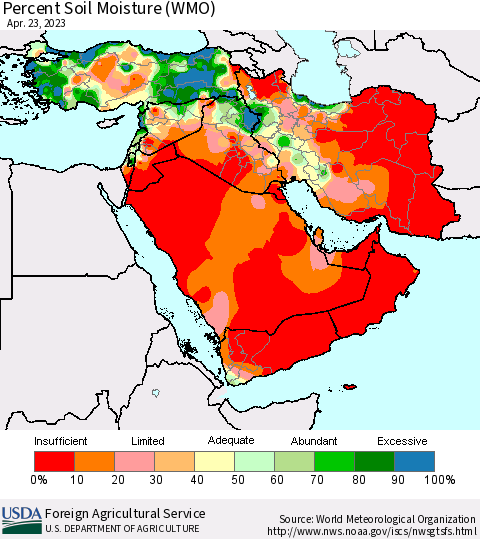 Middle East and Turkey Percent Soil Moisture (WMO) Thematic Map For 4/17/2023 - 4/23/2023