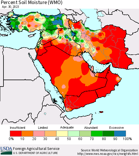 Middle East and Turkey Percent Soil Moisture (WMO) Thematic Map For 4/24/2023 - 4/30/2023