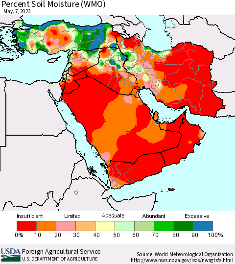 Middle East and Turkey Percent Soil Moisture (WMO) Thematic Map For 5/1/2023 - 5/7/2023