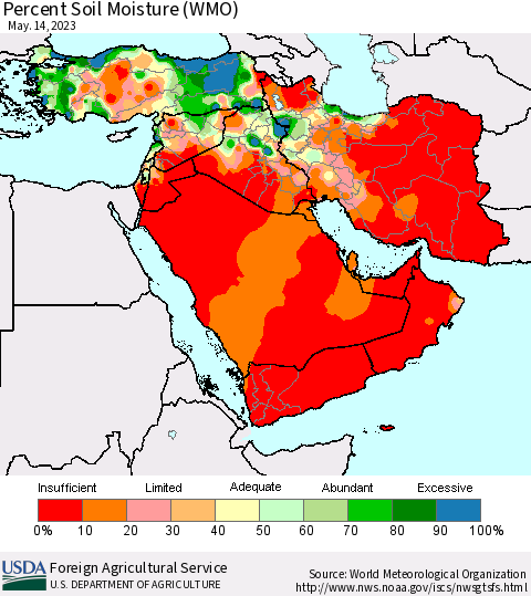 Middle East and Turkey Percent Soil Moisture (WMO) Thematic Map For 5/8/2023 - 5/14/2023