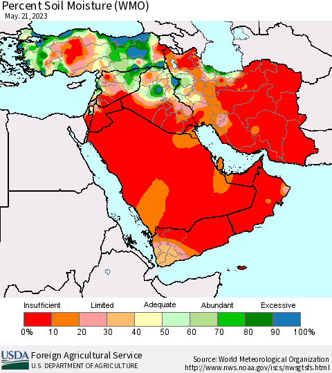 Middle East and Turkey Percent Soil Moisture (WMO) Thematic Map For 5/15/2023 - 5/21/2023