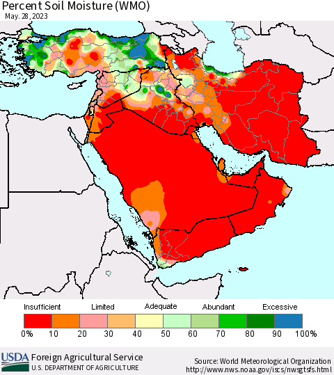 Middle East and Turkey Percent Soil Moisture (WMO) Thematic Map For 5/22/2023 - 5/28/2023
