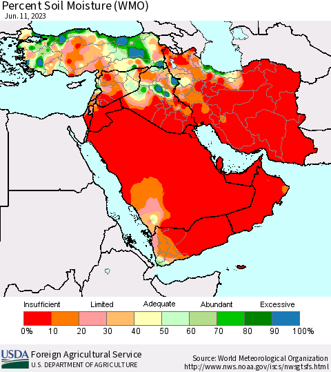 Middle East and Turkey Percent Soil Moisture (WMO) Thematic Map For 6/5/2023 - 6/11/2023