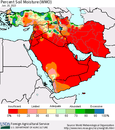 Middle East and Turkey Percent Soil Moisture (WMO) Thematic Map For 6/12/2023 - 6/18/2023