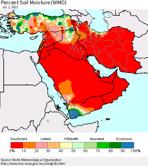 Middle East and Turkey Percent Soil Moisture (WMO) Thematic Map For 6/26/2023 - 7/2/2023