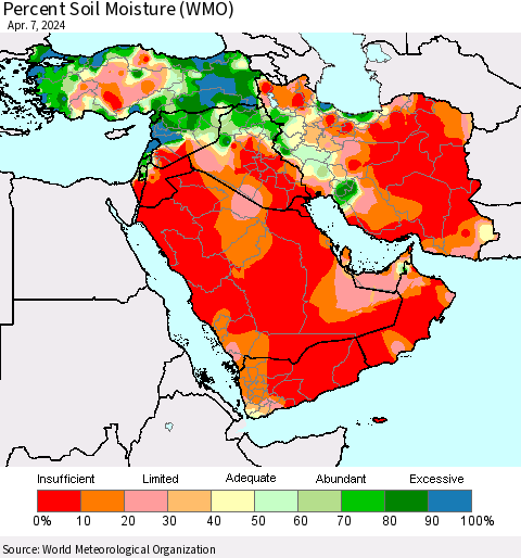 Middle East and Turkey Percent Soil Moisture (WMO) Thematic Map For 4/1/2024 - 4/7/2024