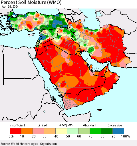 Middle East and Turkey Percent Soil Moisture (WMO) Thematic Map For 4/8/2024 - 4/14/2024