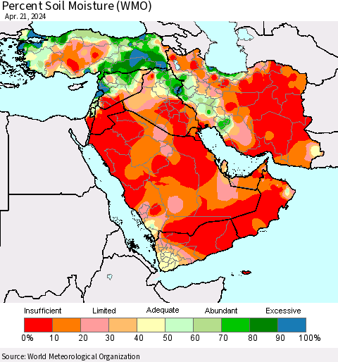 Middle East and Turkey Percent Soil Moisture (WMO) Thematic Map For 4/15/2024 - 4/21/2024