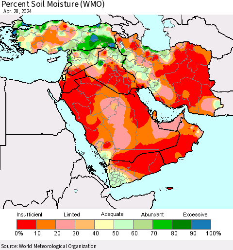 Middle East and Turkey Percent Soil Moisture (WMO) Thematic Map For 4/22/2024 - 4/28/2024