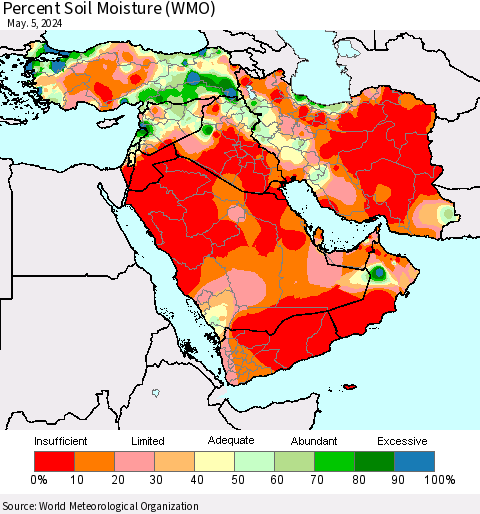 Middle East and Turkey Percent Soil Moisture (WMO) Thematic Map For 4/29/2024 - 5/5/2024
