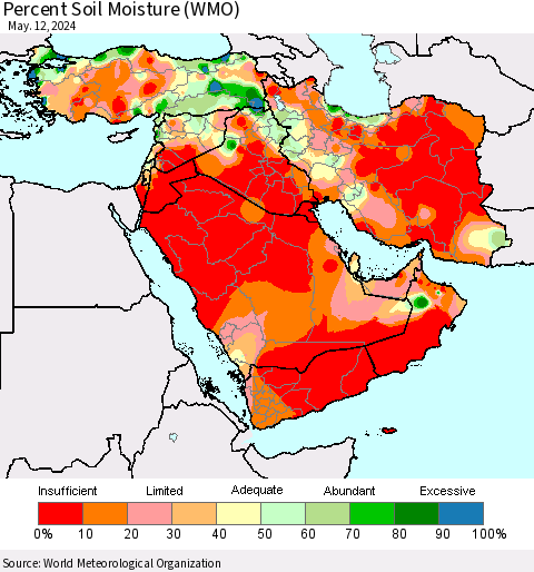 Middle East and Turkey Percent Soil Moisture (WMO) Thematic Map For 5/6/2024 - 5/12/2024