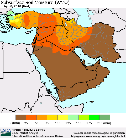 Middle East and Turkey Subsurface Soil Moisture (WMO) Thematic Map For 4/2/2018 - 4/8/2018