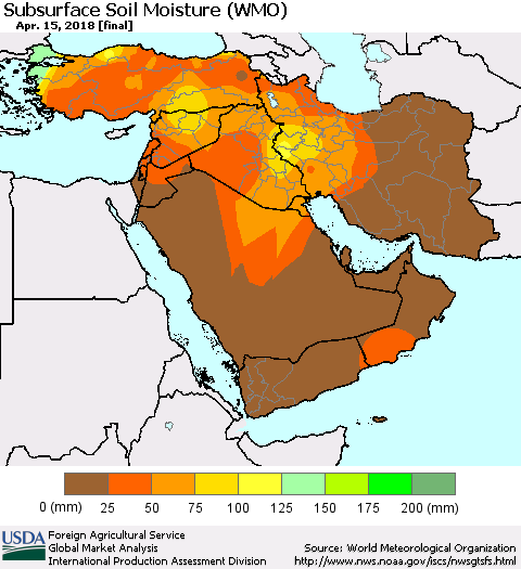 Middle East and Turkey Subsurface Soil Moisture (WMO) Thematic Map For 4/9/2018 - 4/15/2018