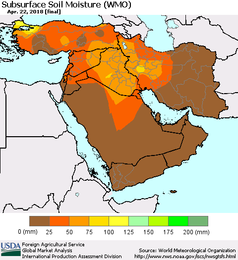 Middle East and Turkey Subsurface Soil Moisture (WMO) Thematic Map For 4/16/2018 - 4/22/2018
