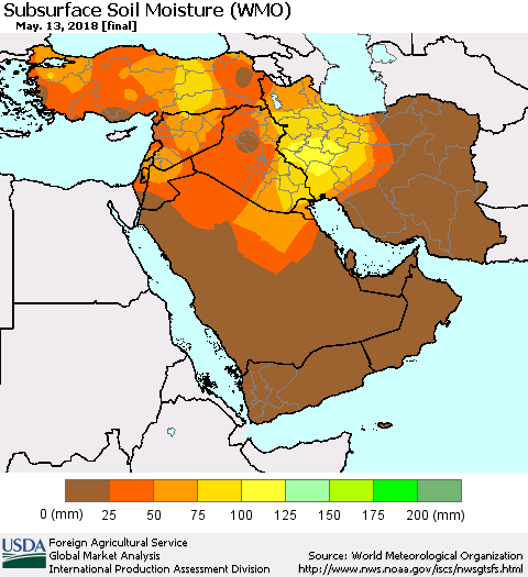 Middle East and Turkey Subsurface Soil Moisture (WMO) Thematic Map For 5/7/2018 - 5/13/2018