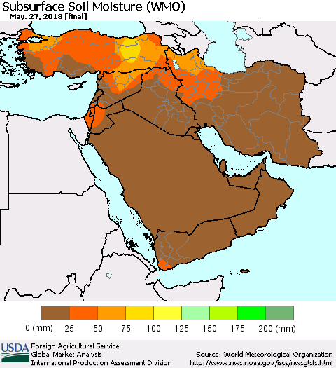 Middle East and Turkey Subsurface Soil Moisture (WMO) Thematic Map For 5/21/2018 - 5/27/2018