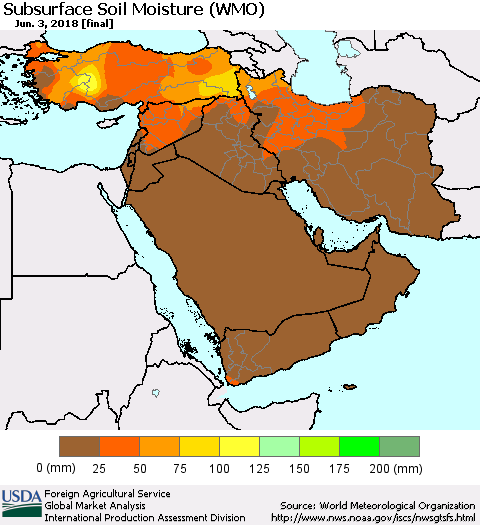 Middle East and Turkey Subsurface Soil Moisture (WMO) Thematic Map For 5/28/2018 - 6/3/2018