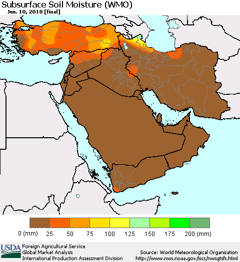 Middle East and Turkey Subsurface Soil Moisture (WMO) Thematic Map For 6/4/2018 - 6/10/2018