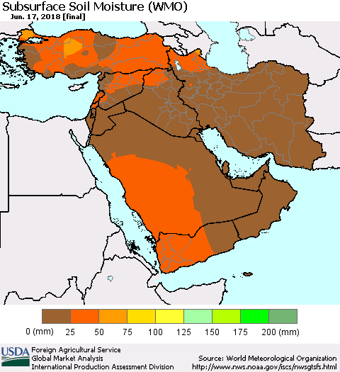 Middle East and Turkey Subsurface Soil Moisture (WMO) Thematic Map For 6/11/2018 - 6/17/2018