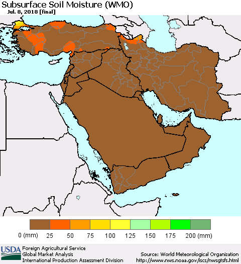 Middle East and Turkey Subsurface Soil Moisture (WMO) Thematic Map For 7/2/2018 - 7/8/2018