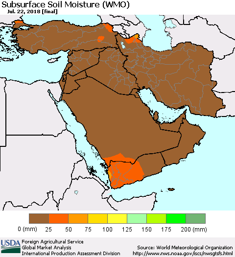 Middle East and Turkey Subsurface Soil Moisture (WMO) Thematic Map For 7/16/2018 - 7/22/2018