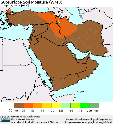 Middle East and Turkey Subsurface Soil Moisture (WMO) Thematic Map For 9/10/2018 - 9/16/2018