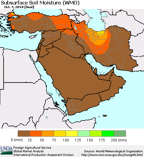Middle East and Turkey Subsurface Soil Moisture (WMO) Thematic Map For 10/1/2018 - 10/7/2018