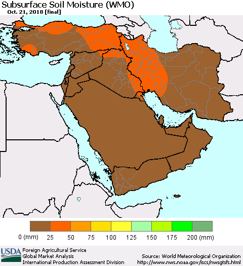 Middle East and Turkey Subsurface Soil Moisture (WMO) Thematic Map For 10/15/2018 - 10/21/2018