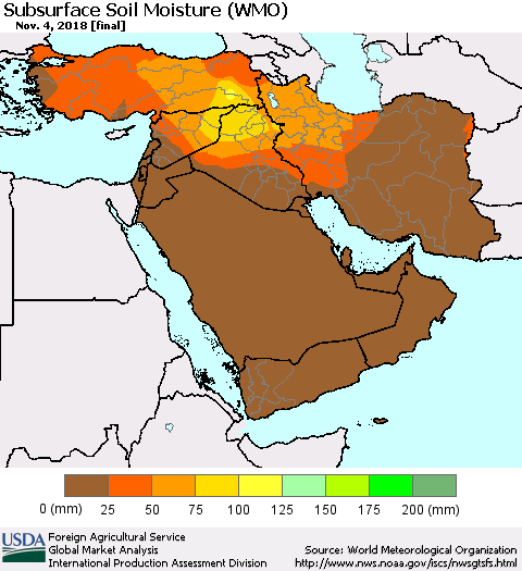 Middle East and Turkey Subsurface Soil Moisture (WMO) Thematic Map For 10/29/2018 - 11/4/2018