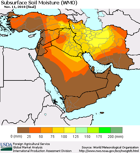 Middle East and Turkey Subsurface Soil Moisture (WMO) Thematic Map For 11/5/2018 - 11/11/2018