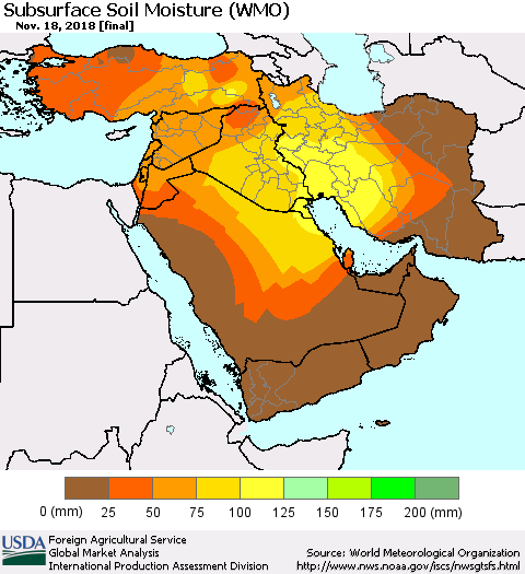 Middle East and Turkey Subsurface Soil Moisture (WMO) Thematic Map For 11/12/2018 - 11/18/2018
