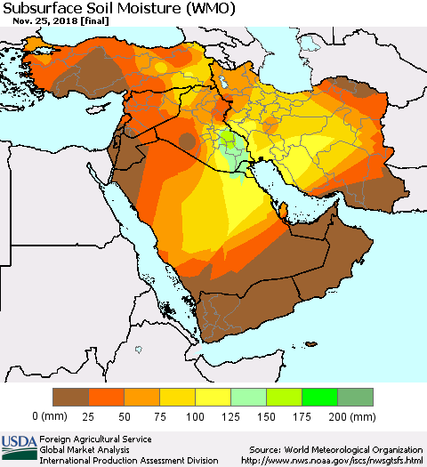 Middle East and Turkey Subsurface Soil Moisture (WMO) Thematic Map For 11/19/2018 - 11/25/2018