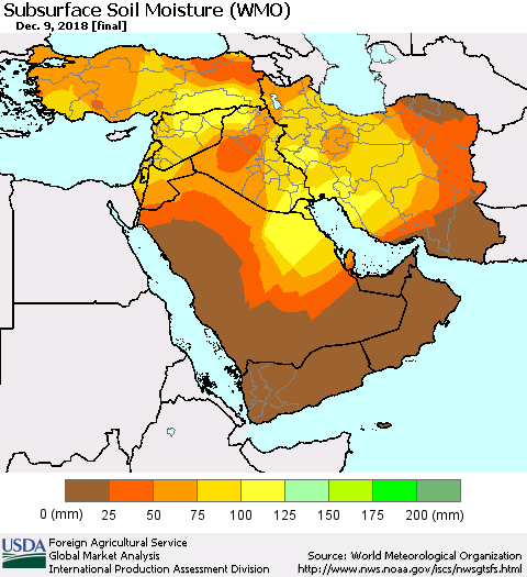 Middle East and Turkey Subsurface Soil Moisture (WMO) Thematic Map For 12/3/2018 - 12/9/2018