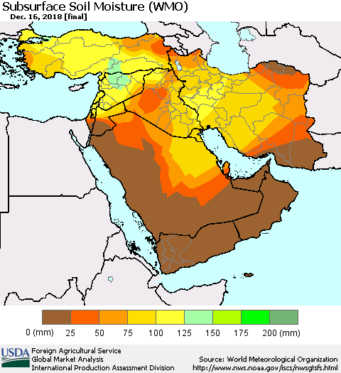 Middle East and Turkey Subsurface Soil Moisture (WMO) Thematic Map For 12/10/2018 - 12/16/2018