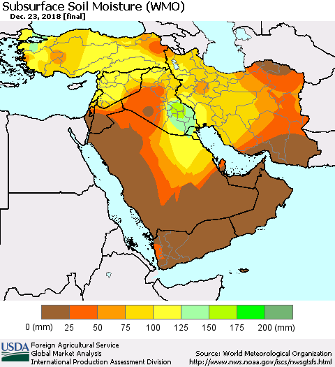 Middle East and Turkey Subsurface Soil Moisture (WMO) Thematic Map For 12/17/2018 - 12/23/2018