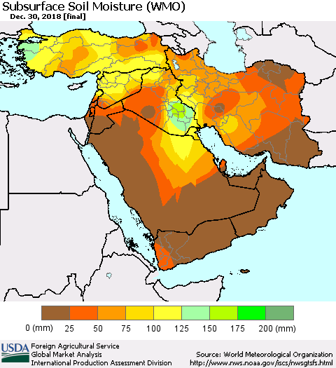 Middle East and Turkey Subsurface Soil Moisture (WMO) Thematic Map For 12/24/2018 - 12/30/2018