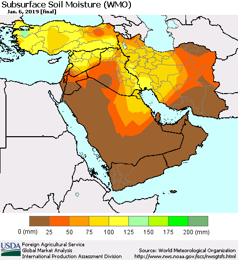 Middle East and Turkey Subsurface Soil Moisture (WMO) Thematic Map For 12/31/2018 - 1/6/2019