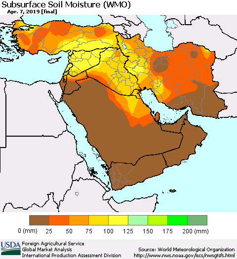 Middle East and Turkey Subsurface Soil Moisture (WMO) Thematic Map For 4/1/2019 - 4/7/2019