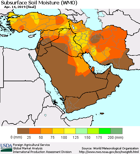 Middle East and Turkey Subsurface Soil Moisture (WMO) Thematic Map For 4/8/2019 - 4/14/2019