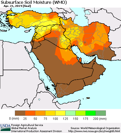 Middle East and Turkey Subsurface Soil Moisture (WMO) Thematic Map For 4/15/2019 - 4/21/2019